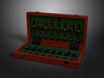 Elegant Wooden Chess Set With Storage Box And Black Brown Chess Pieces 3d model