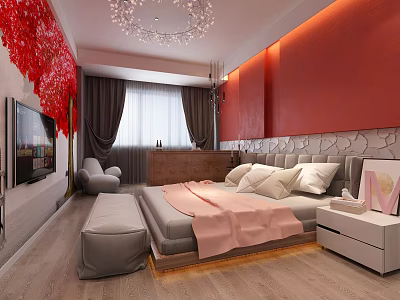 Elegant Hotel Guest Room Interior With Red Walls Crystal Chandelier Gray Sofa And Pink Bedspread 3d model