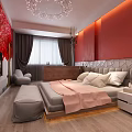 Elegant Hotel Guest Room Interior With Red Walls Crystal Chandelier Gray Sofa And Pink Bedspread