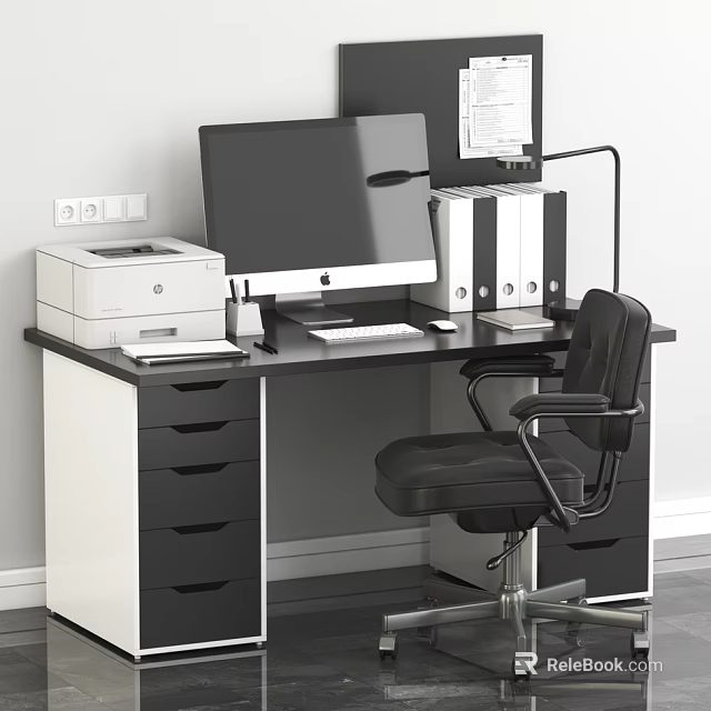 Modern Office Desk With Computer Monitors Printer File Cabinets Drawers And Black Office Chair 3d model 