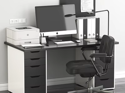 Modern Office Desk With Computer Monitors Printer File Cabinets Drawers And Black Office Chair 3d model
