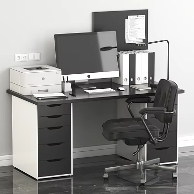 Modern Office Desk With Computer Monitors Printer File Cabinets Drawers And Black Office Chair 3d model