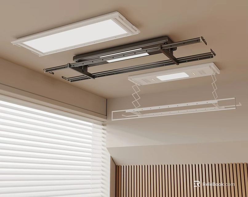 Retractable Ceiling Mounted Clothes Hanging Rack With Integrated Light And Wooden Panel Wall 3d model 