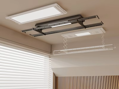 Retractable Ceiling Mounted Clothes Hanging Rack With Integrated Light And Wooden Panel Wall 3d model