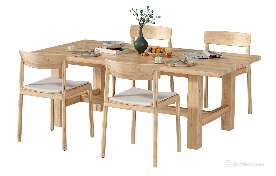 Wooden Dining Table Set with Four Chairs Vase Greenery Fruits Books and Tableware Home Interior 3d model 