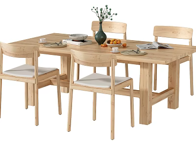 Wooden Dining Table Set with Four Chairs Vase Greenery Fruits Books and Tableware Home Interior 3d model