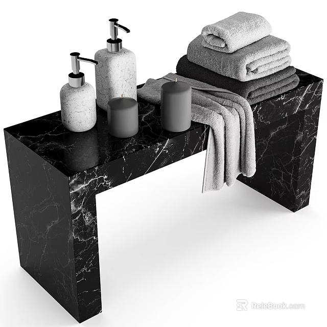 Bathroom Accessories on Black Marble Countertop with Soap Dispenser Lotion Bottle Candles and Towels 3d model 
