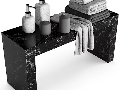 Bathroom Accessories on Black Marble Countertop with Soap Dispenser Lotion Bottle Candles and Towels 3d model
