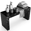 Bathroom Accessories on Black Marble Countertop with Soap Dispenser Lotion Bottle Candles and Towels
