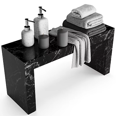 Bathroom Accessories on Black Marble Countertop with Soap Dispenser Lotion Bottle Candles and Towels 3d model
