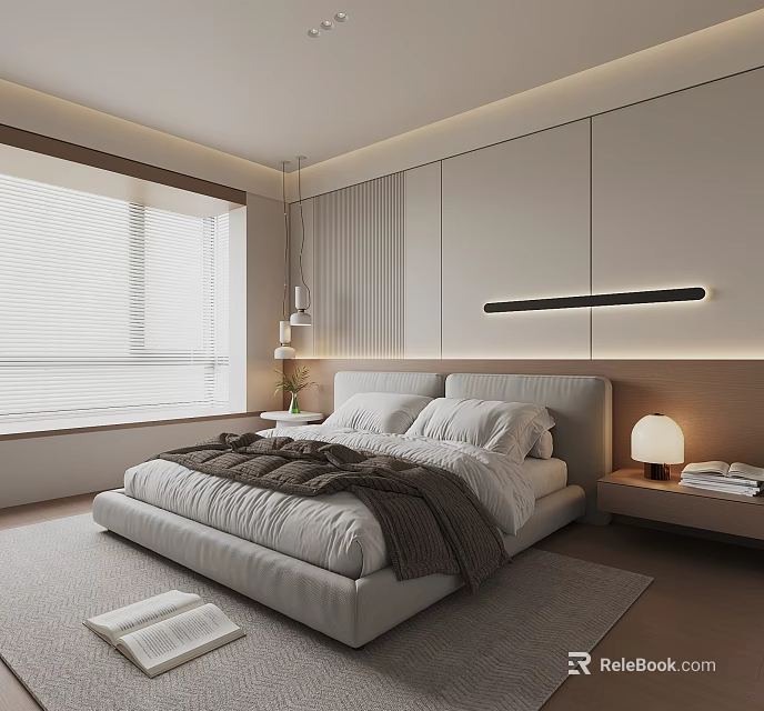 Modern Bedroom Interior With Large Window Roller Blinds Upholstered Bed Bedside Table And Table Lamp 3d model 