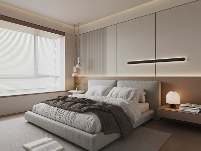 Modern Bedroom Interior With Large Window Roller Blinds Upholstered Bed Bedside Table And Table Lamp 3d model