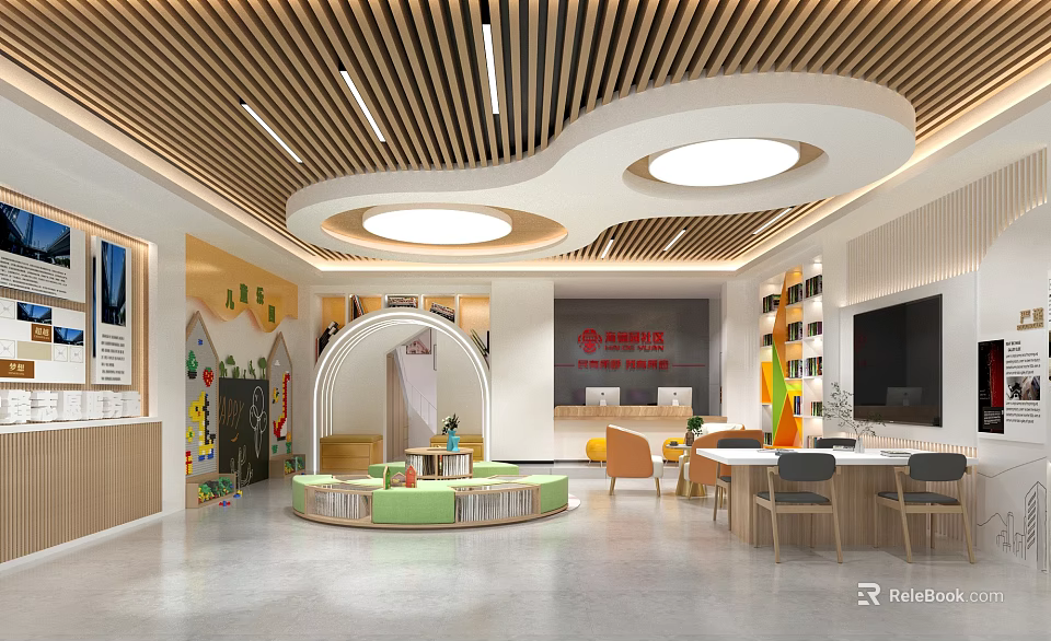 Child Friendly Indoor Activity Space With Wooden Slats Ceiling Circular Lights And Green Area 3d model 