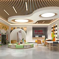 Child Friendly Indoor Activity Space With Wooden Slats Ceiling Circular Lights And Green Area