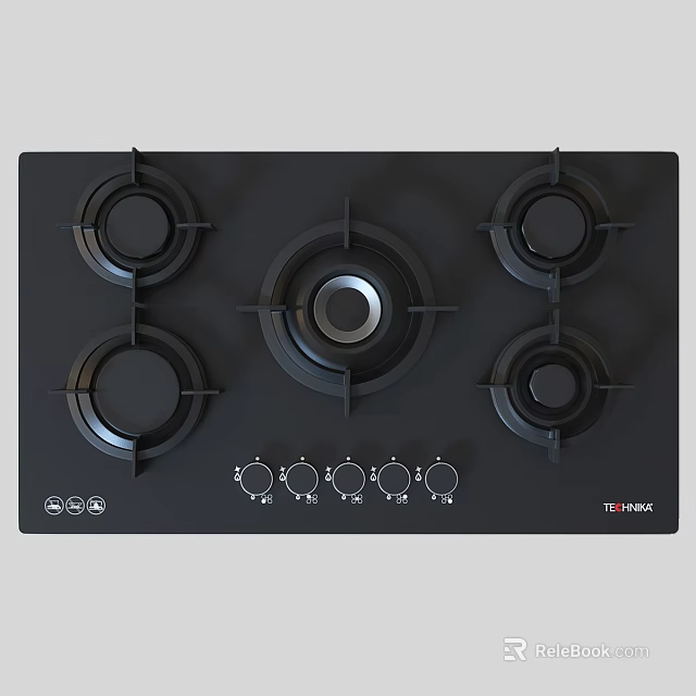Modern Kitchen Appliance Gas Stove Cooktop with Black Surface Five Burners and Control Knobs 3d model 