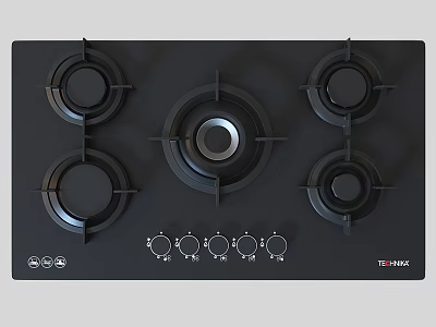 Modern Kitchen Appliance Gas Stove Cooktop with Black Surface Five Burners and Control Knobs 3d model