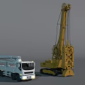 Yellow Large Crawler Crane With Complex Structure And White Truck Parked Beside