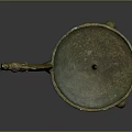 Ancient Bronze Oil Lamp With Long Curved Handle And Three Legs Circular Tray