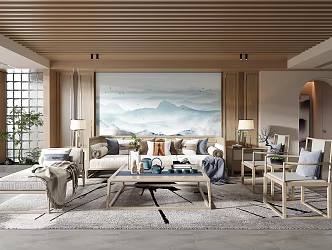 New Chinese Style Living Room Sofa Coffee Table Combination Green Plant Ornaments Table Lamp Background Wall 3d model