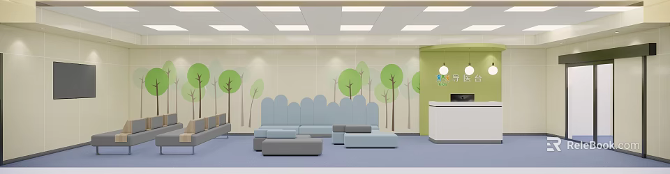 Cheerful Kids Indoor Space Featuring Tree Wall Decor Blue Sofas And Reception Desk 3d model 