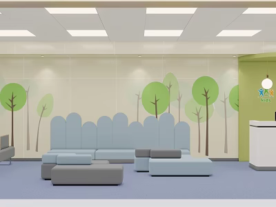 Cheerful Kids Indoor Space Featuring Tree Wall Decor Blue Sofas And Reception Desk 3d model