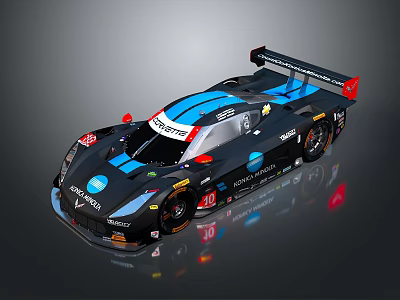 Black and Blue High Performance Race Car With Aerodynamic Design Rear Wing and Sponsor Logos 3d model