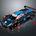 Black and Blue High Performance Race Car With Aerodynamic Design Rear Wing and Sponsor Logos