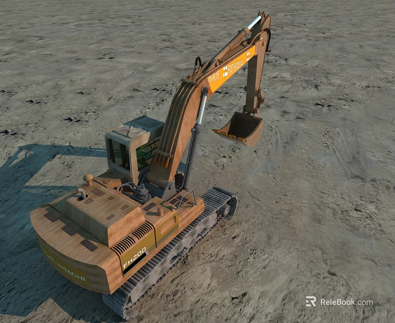 Heavy Duty Functional Vehicle Excavator With Tracked Chassis And Bucket On Sandy Terrain 3d model 