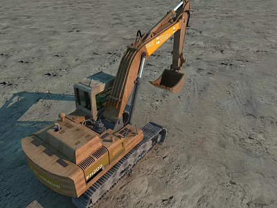 Heavy Duty Functional Vehicle Excavator With Tracked Chassis And Bucket On Sandy Terrain 3d model