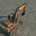 Heavy Duty Functional Vehicle Excavator With Tracked Chassis And Bucket On Sandy Terrain