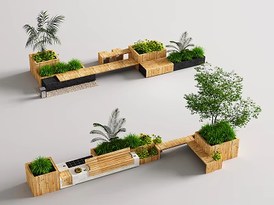 Landscape Seating Design With Wooden Structure And Green Plants In Outdoor Space 3d model