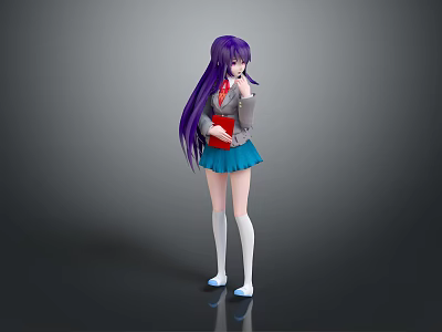 Game Character with Purple Long Hair Gray Top Red Tie Blue Skirt in School Uniform 3d model