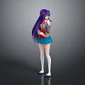 Game Character with Purple Long Hair Gray Top Red Tie Blue Skirt in School Uniform