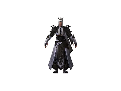 A Man Standing In Ancient Armor With Crown And Long Decorative Robe 3d model