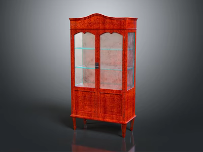 Antique Red Wooden Cabinet With Glass Doors Carved Details And Wooden Legs 3d model