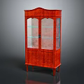 Antique Red Wooden Cabinet With Glass Doors Carved Details And Wooden Legs