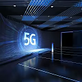5G Technology Display With Blue Lighting And Geometric Ceiling Design