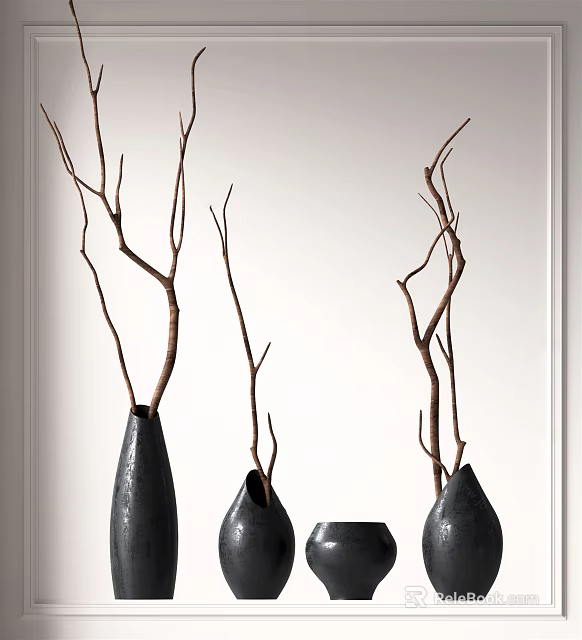 Elegant Black Vases With Decorative Branches For Minimalist Modern Home Decoration 3d model 
