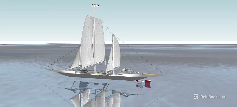 White Sailing Yacht With Two Sails Floating On Calm Water And Reflection 3d model 
