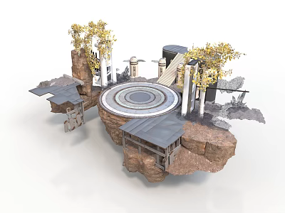 Floating Rock Platform Design With Circular Structure Columns Trees And Rooftop 3d model