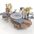 Floating Rock Platform Design With Circular Structure Columns Trees And Rooftop