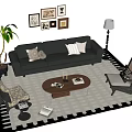 Black Leather Sofa and Coffee Table Set with Pillows Floor Lamp Chair and Wall Art