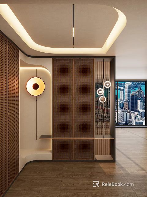 Modern Foyer Hallway Interior Design With Wooden Grille And Circular Pendant Lights 3d model 