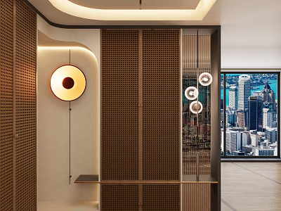 Modern Foyer Hallway Interior Design With Wooden Grille And Circular Pendant Lights 3d model