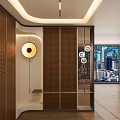 Modern Foyer Hallway Interior Design With Wooden Grille And Circular Pendant Lights