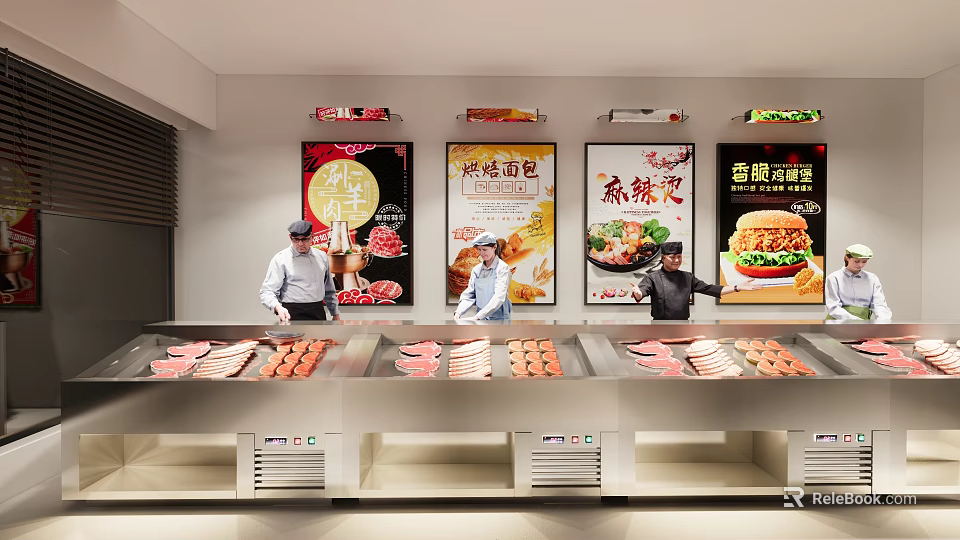 Hotpot Restaurant Self Service Buffet With Fresh Ingredients And Food Display Counters 3d model 