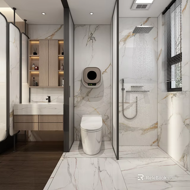 Modern Luxury Bathroom Interior With Marble Walls Smart Toilet Shower Area Vanity And Wooden Cabinets 3d model 