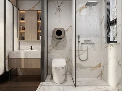 Modern Luxury Bathroom Interior With Marble Walls Smart Toilet Shower Area Vanity And Wooden Cabinets 3d model