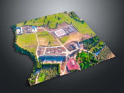 Ancient Architectural Ruins With Green Grass Trees Paths Construction Areas And Red Roof Buildings 3d model