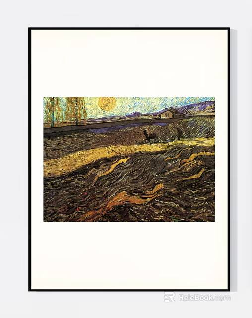 Scenic Landscape Painting Featuring Golden Fields Setting Sun Trees Distant House And Rolling Hills 3d model 